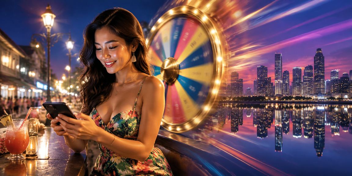 Model perempuan berpose elegan di meja roulette suasana kasino premium