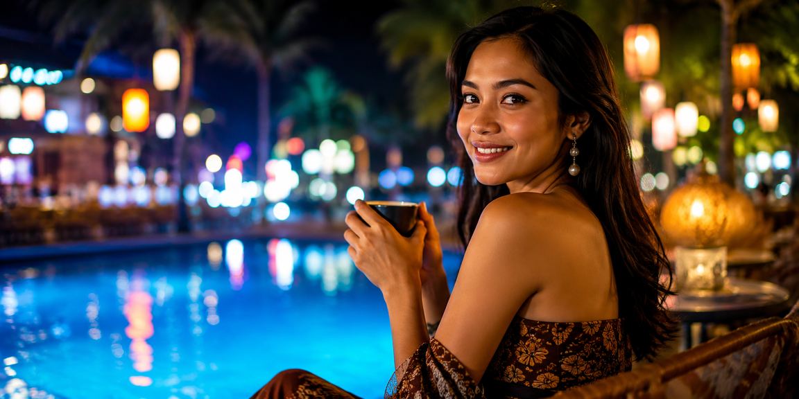 Pengguna memeriksa nomor lotere dengan kopi di meja sambil bersantai